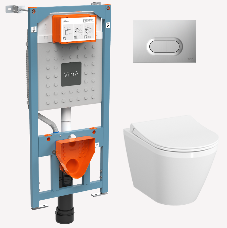 Безободковый унитаз VitrA Integra Round L-box с толстой 
дюропластовой крышкой 
микролифт, кнопка Матовый хром