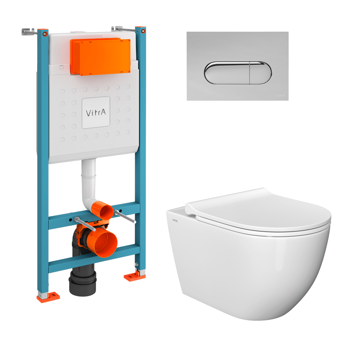 Инсталляция с унитазом VitrA Mia Round (Мия Раунд) 9873B003-7201, комплект 4 в 1, с сиденьем микролифт, безободковый цвет клавиши глянцевый хром