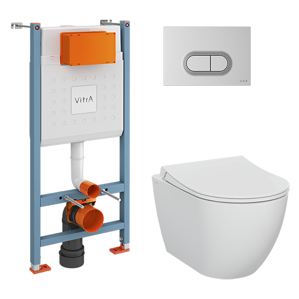 Комплект: Безободковый подвесной унитаз VitrA Mia Round + тонкое дюропластовое сиденье микролифт, кнопка мат. хром