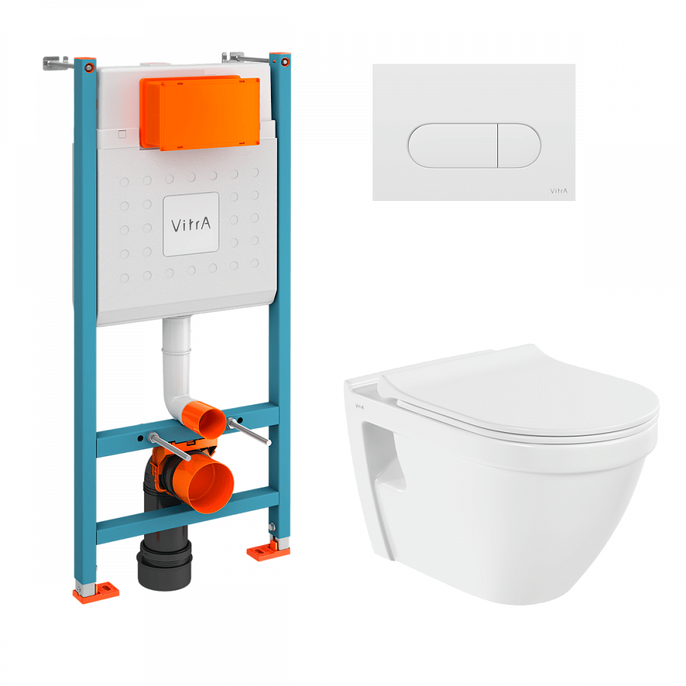 Инсталляция с унитазом VitrA S50 9003B003-7203, комплект 4 в 1, с сиденьем микролифт, безободковый цвет клавиши глянцевый белый