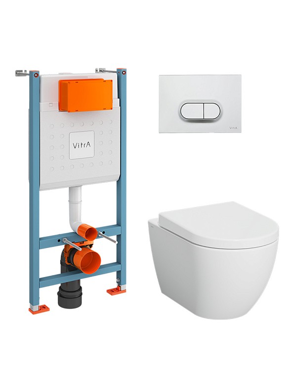 Комплект: Безободковый подвесной унитаз VitrA Mia Round + тонкое дюропластовое сиденье микролифт, кнопка мат. хром фото 1