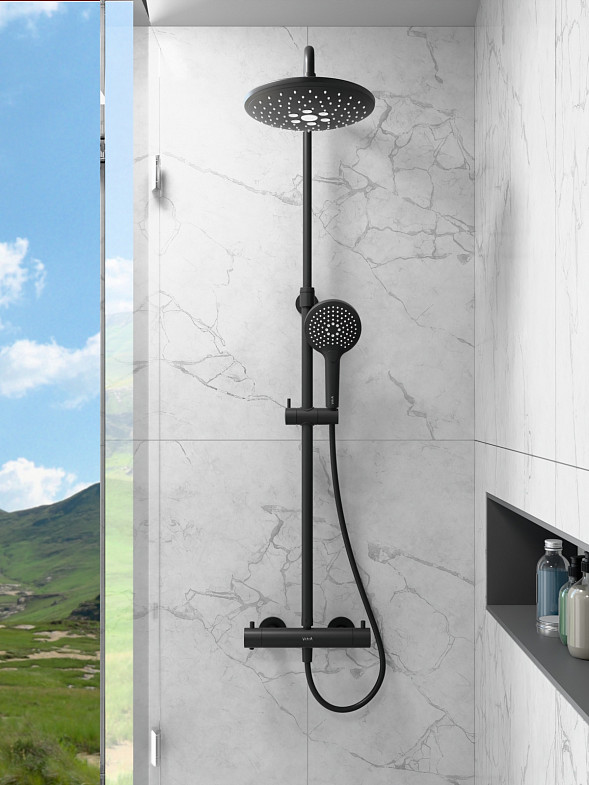 Душевая система VitrA Aquaheat(Аквахит) A4720536EXP, с термостатическим смесителем и ручным душем, матовая черная, латунь фото 6
