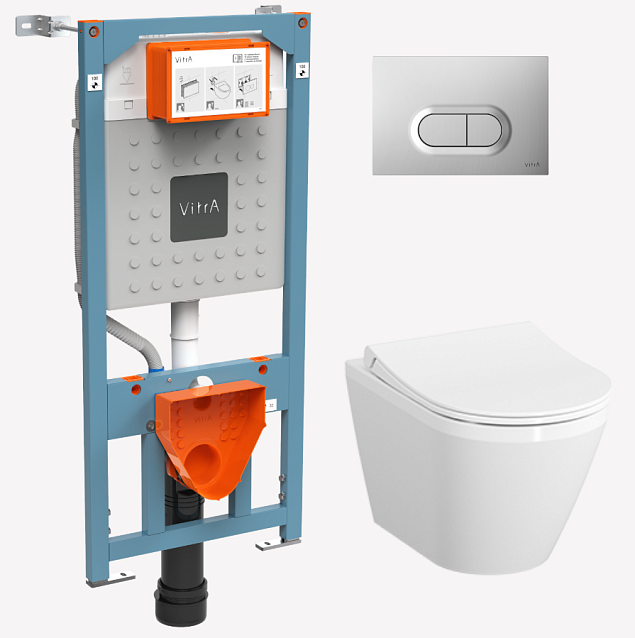 Безободковый унитаз VitrA Integra Round L-box с толстой 
дюропластовой крышкой 
микролифт, кнопка Матовый хром фото 1