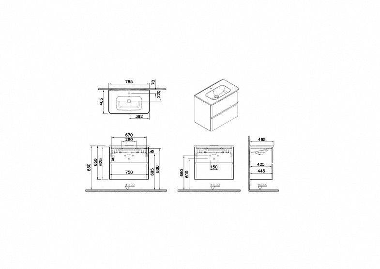 Тумба с раковиной для ванной VitrA Mia Plus Round (Мия Плюс Раунд) 69825, 80 см, золотой дуб ДСП фото 3