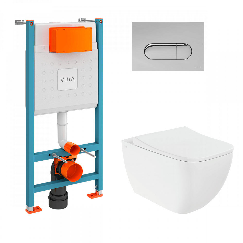 Инсталляция с унитазом VitrA Shift (Шифт) 9855B003-7206, комплект 4 в 1, с сиденьем микролифт, безободковый, Rim-ex (Рим-экс), цвет клавиши хром