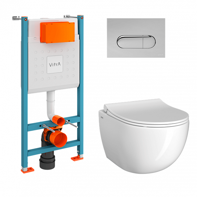 Инсталляция с унитазом VitrA Sento (Сенто) 9830B003-7212, комплект 4 в 1, с сиденьем микролифт, безободковый цвет клавиши глянцевый хром фото 1
