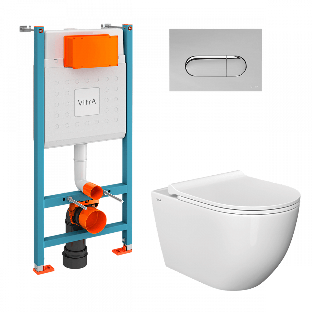 Инсталляция с унитазом VitrA Mia Round (Мия Раунд) 9873B003-7201, комплект 4 в 1, с сиденьем микролифт, безободковый цвет клавиши глянцевый хром