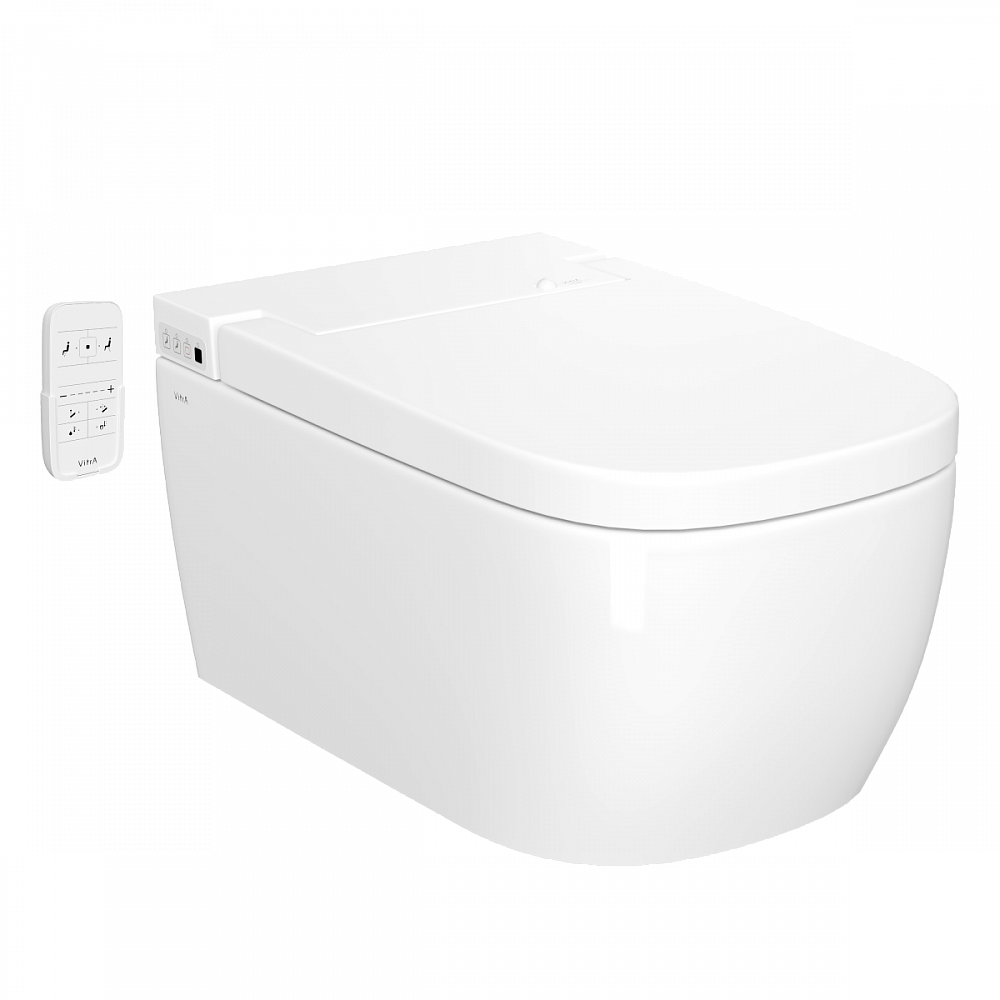 Умный унитаз VitrA V-Care (Ви-Кеар) 5674B003-6193, Basic, подвесной, безободковый, Rim-ex (Рим-экс), с бидеткой, белый, санитарный фарфор, антибактериальное покрытие Hygiene (Хайджн)