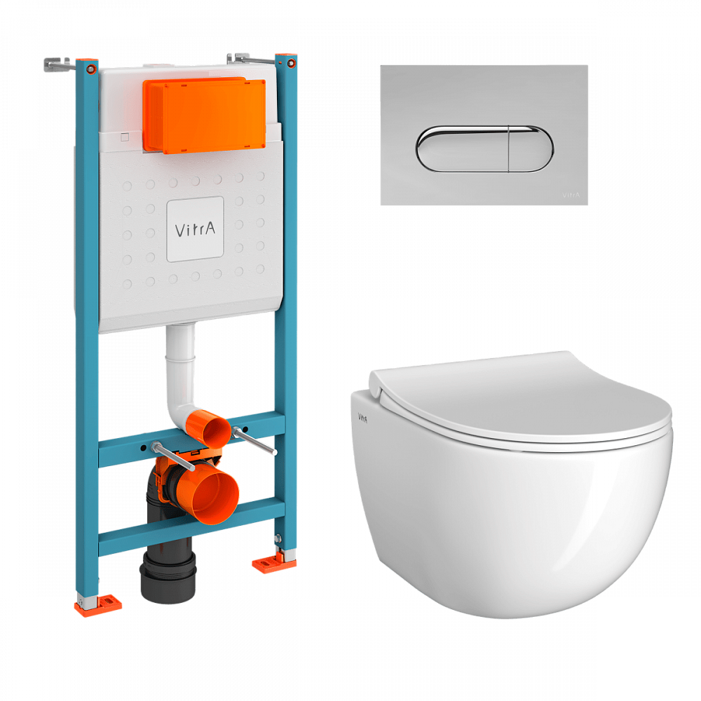 Инсталляция с унитазом VitrA Sento (Сенто) 9830B003-7212, комплект 4 в 1, с сиденьем микролифт, безободковый цвет клавиши глянцевый хром